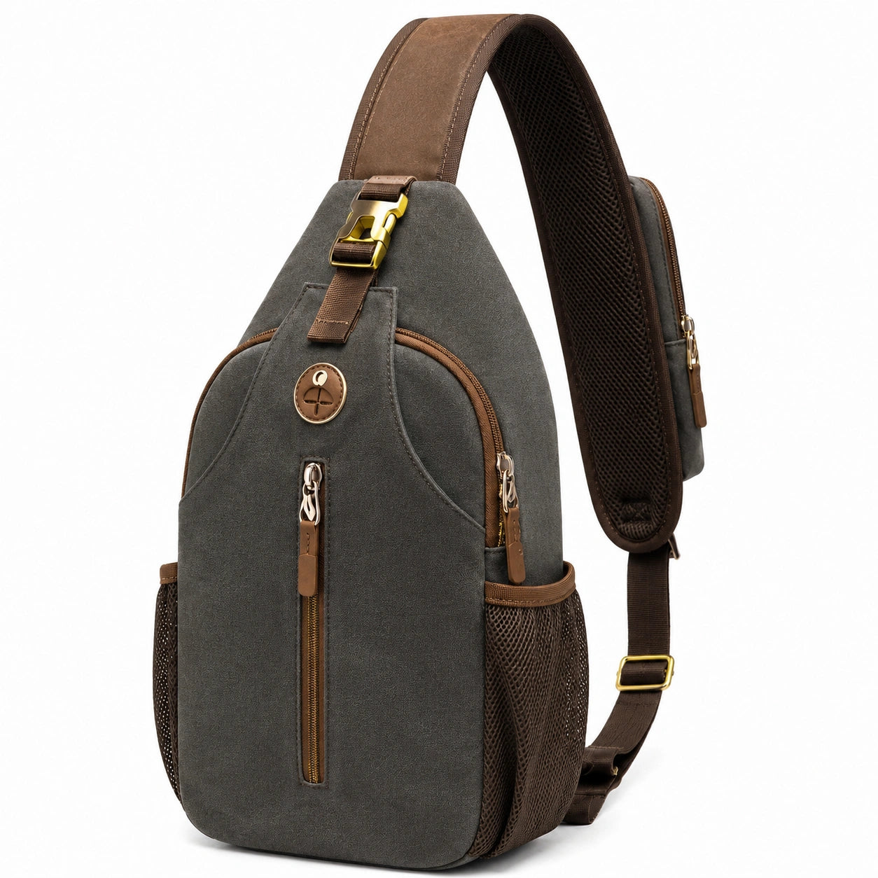 Borsa monospalla taglia media in tessuto sintetico grigio marrone per uso quotidiano con tasche multiple
