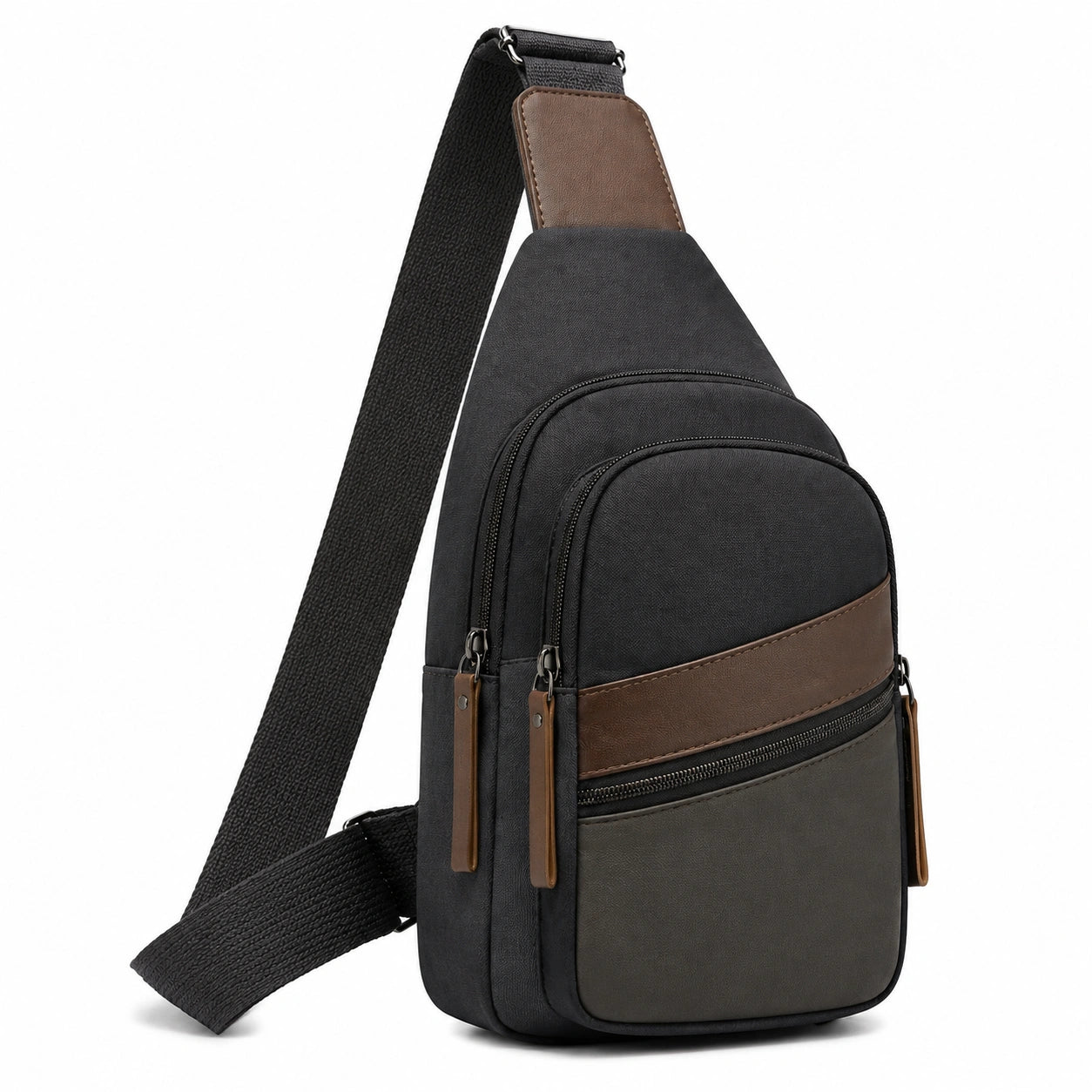 Borsa a tracolla 18 x 8 x 32 cm in tessuto sintetico nero e marrone con tasche zip