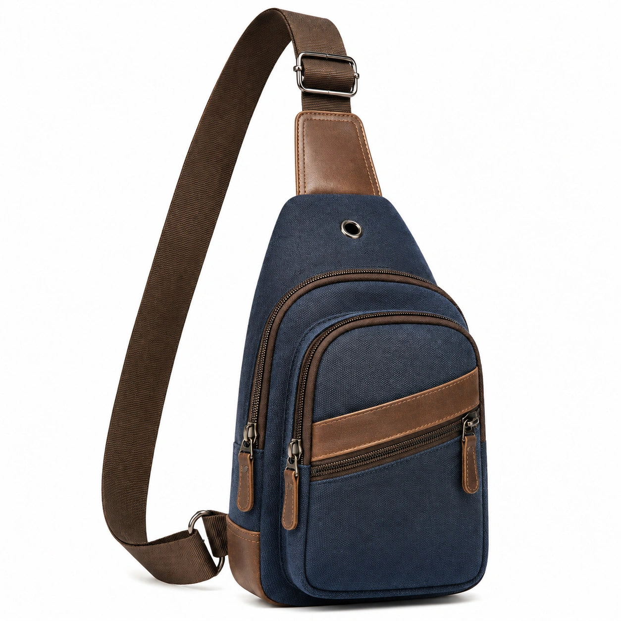 Borsa a tracolla 18 x 8 x 32 cm in tessuto blu e similpelle marrone con tasche con zip
