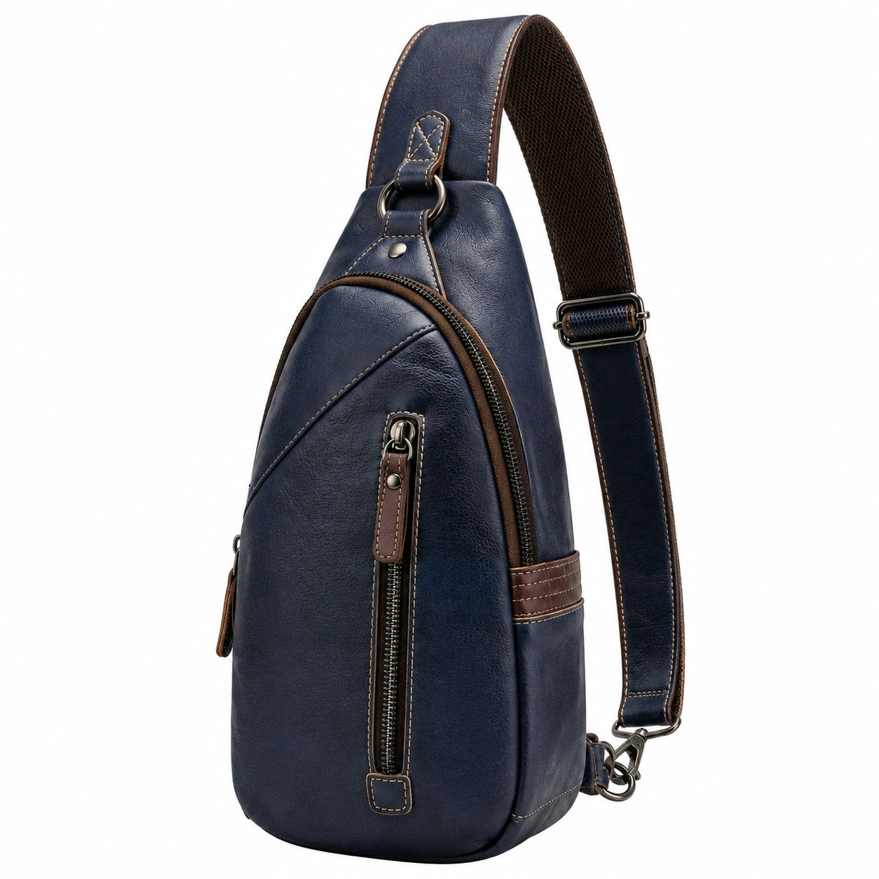 Borsa a tracolla 18 x 8 x 33 cm in similpelle blu navy e marrone con tasche zip stile casual