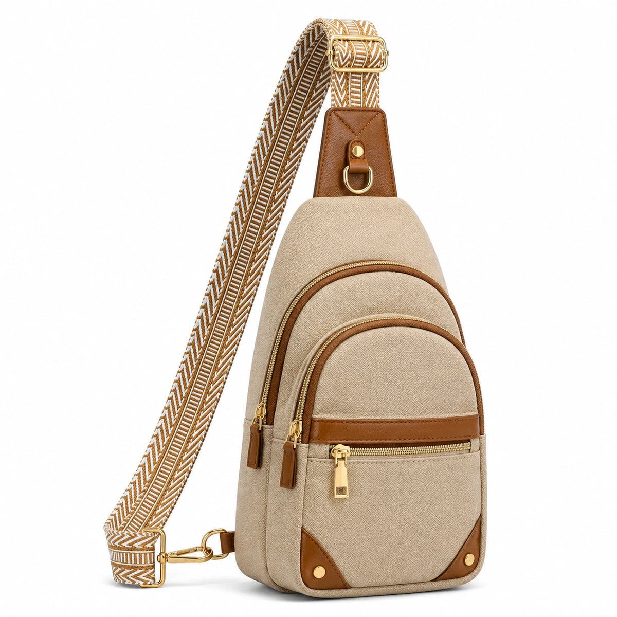 Borsa a tracolla 30 cm in tessuto beige e similpelle marrone con tasche e tracolla regolabile