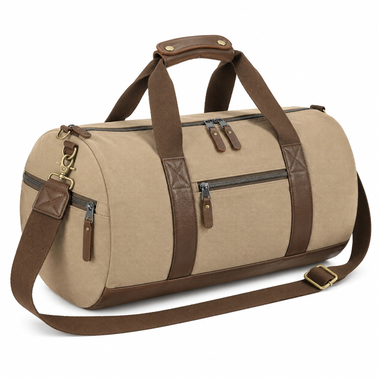 Borsone da viaggio 50 cm in tela beige e marrone con tracolla regolabile