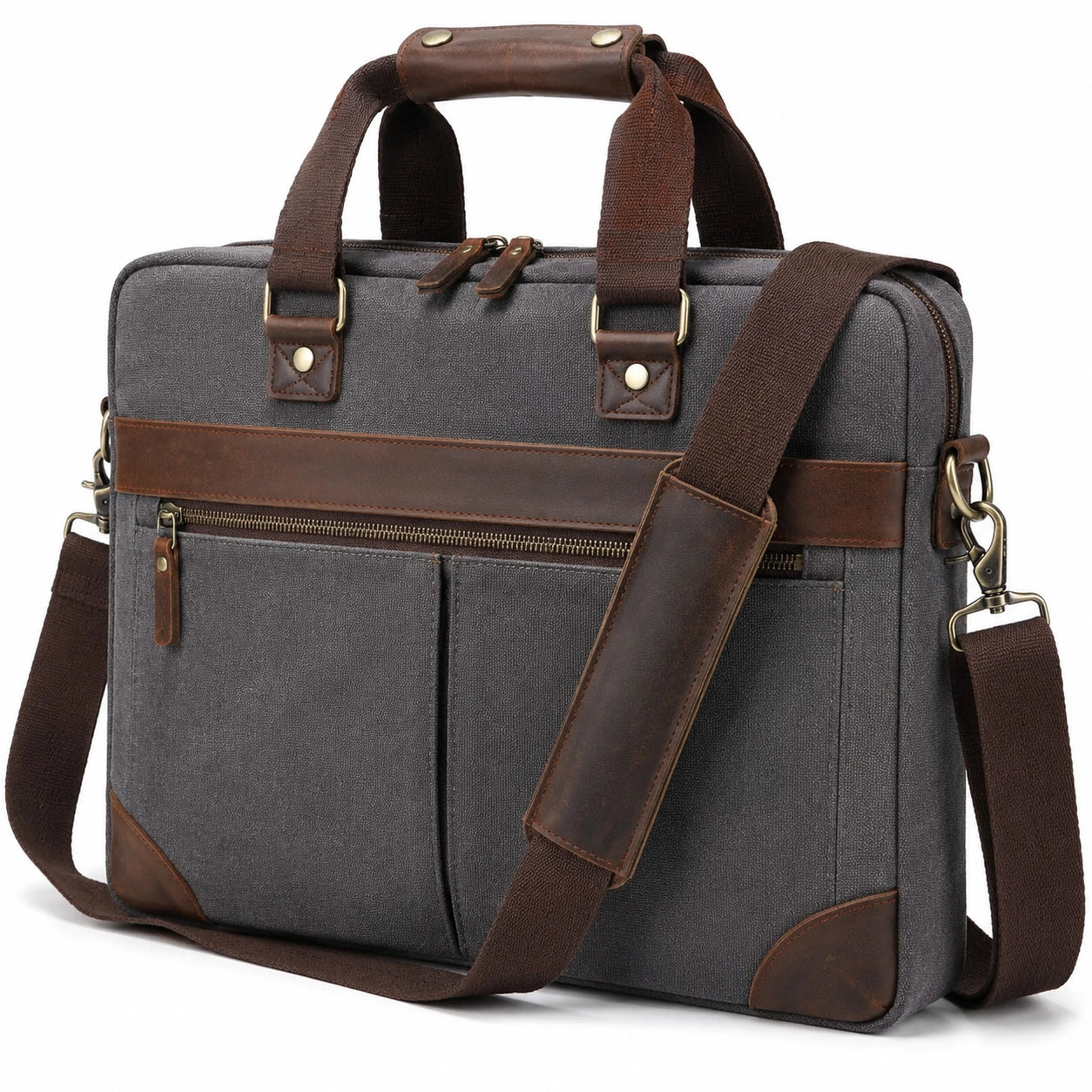 Borsa portadocumenti 40 cm in tessuto grigio e similpelle marrone con tracolla