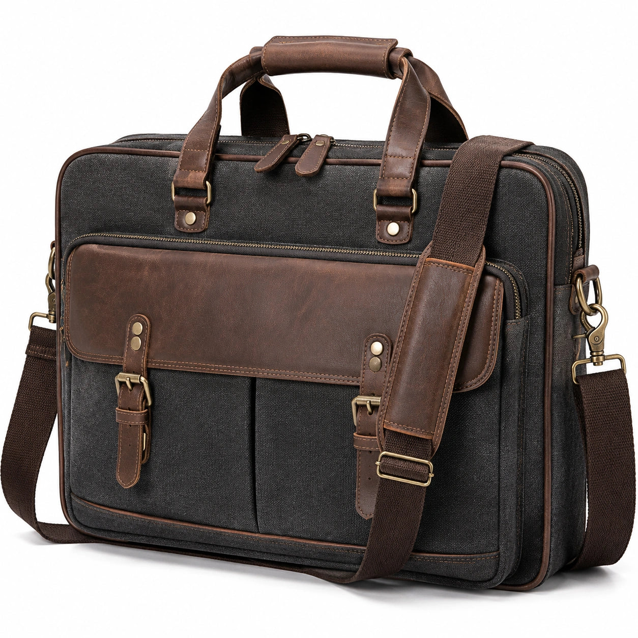 Borsa porta computer 42 x 12 x 32 cm in tessuto nero e materiale sintetico marrone con tracolla regolabile