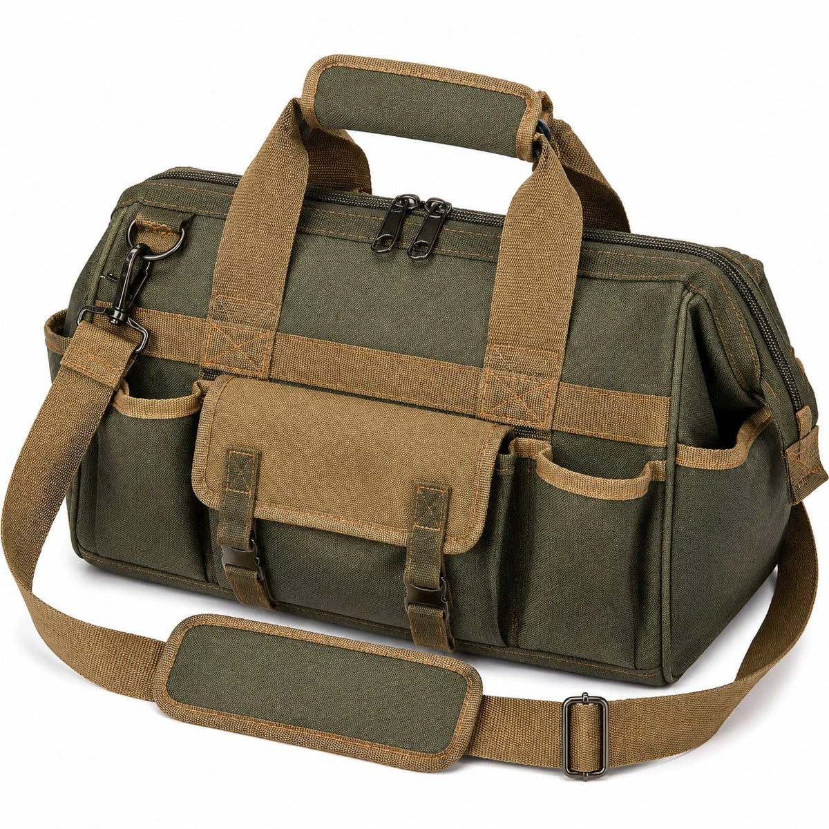 Borsa da viaggio 45 x 24 x 28 cm in tessuto verde militare con tracolla regolabile e tasche esterne
