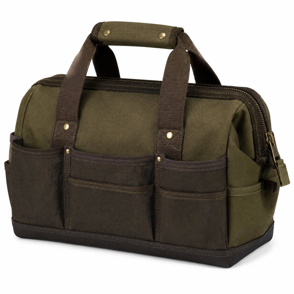 Borsa da viaggio 40 x 20 x 28 cm in tela verde oliva e marrone con tasche esterne - stile utility
