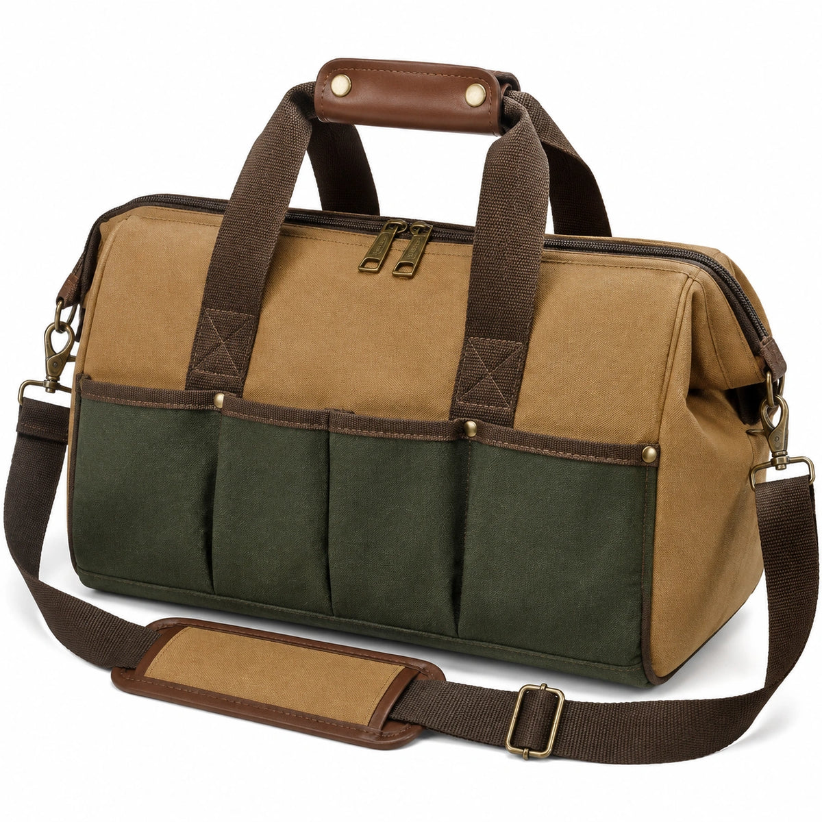 Borsa da viaggio 45 x 25 x 30 cm in tela beige verde con tracolla stile duffel