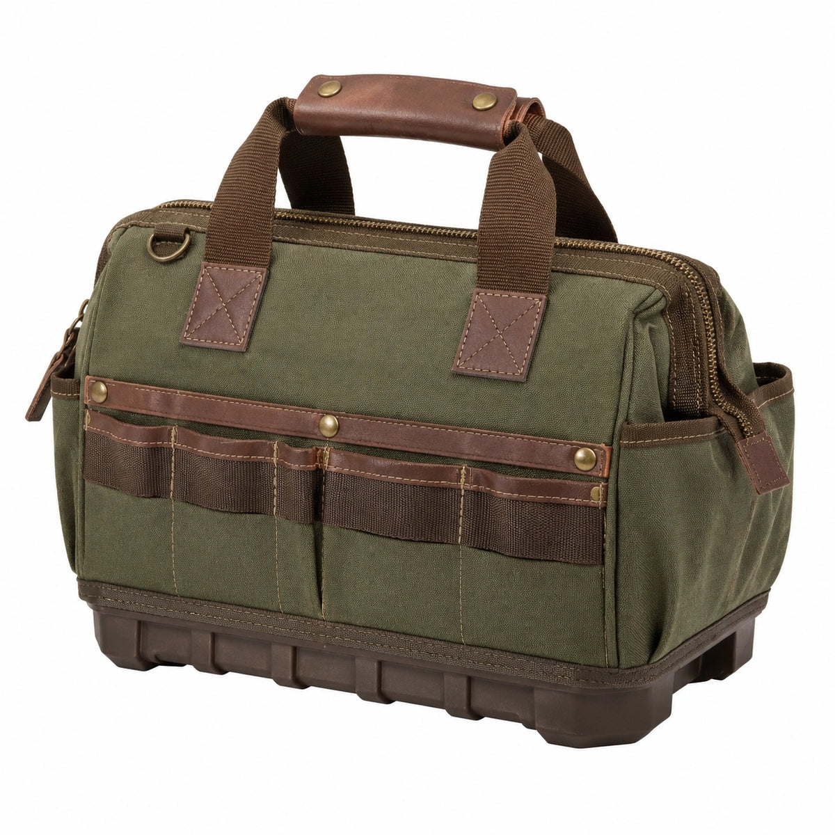 Borsa portautensili 45 cm in tessuto verde e similpelle marrone con base rigida