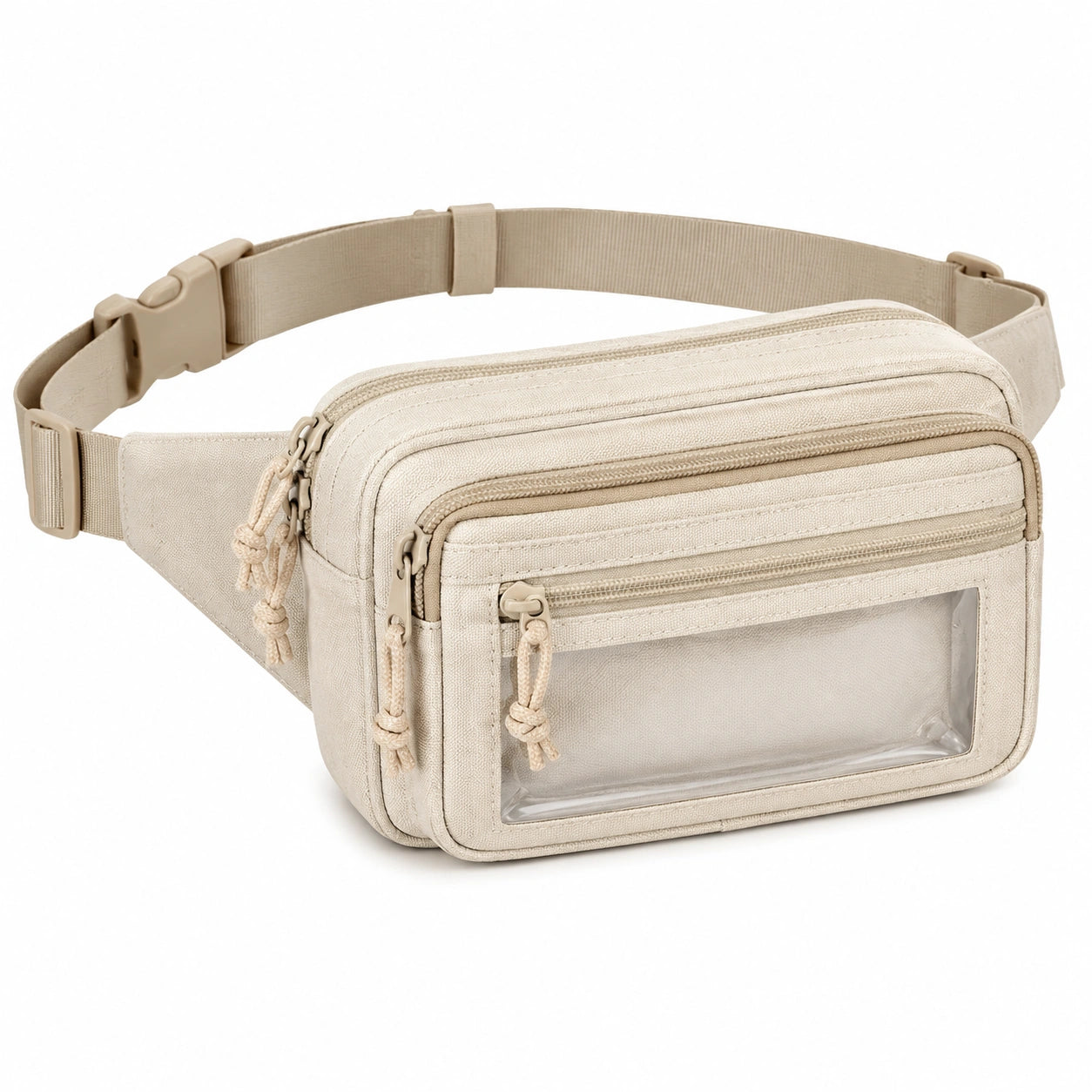 Marsupio 23 x 15 x 7 cm in tessuto beige con tasca trasparente e cintura regolabile