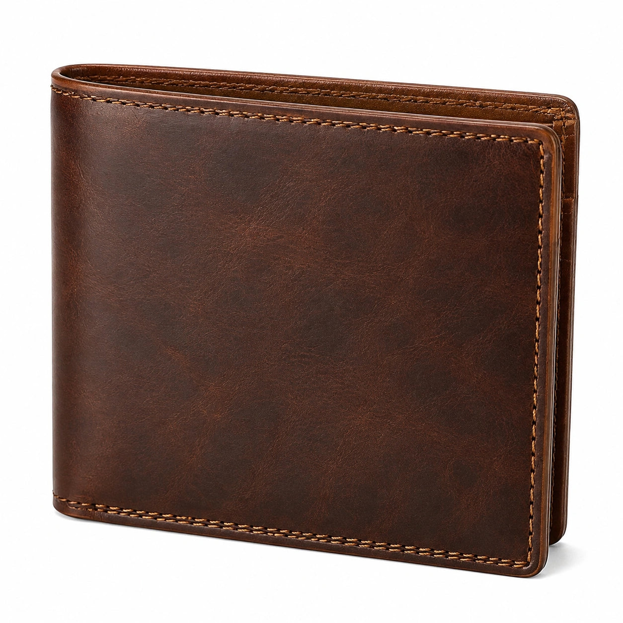 Portafoglio bifold 12 cm effetto pelle marrone con cuciture a vista