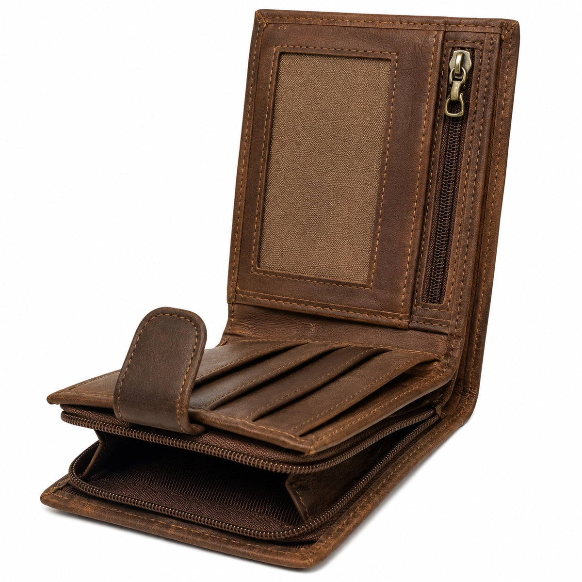 Portafoglio uomo 12 x 10 x 3 cm in similpelle marrone con portamonete zip stile vintage