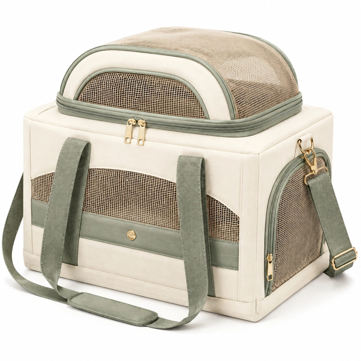 Trasportino per animali 45 x 30 x 32 cm in tessuto beige e verde con rete traspirante