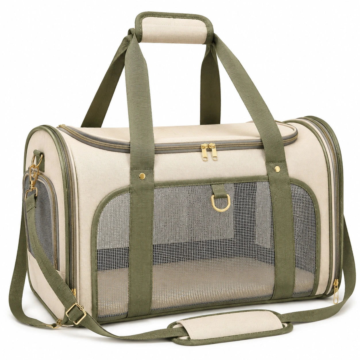 Trasportino per animali 50 x 30 x 30 cm in tessuto beige e verde con rete e tracolla