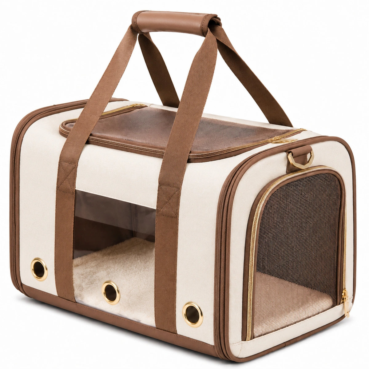 Trasportino per animali 45 x 28 x 30 cm in tessuto beige e marrone con rete e pannello trasparente