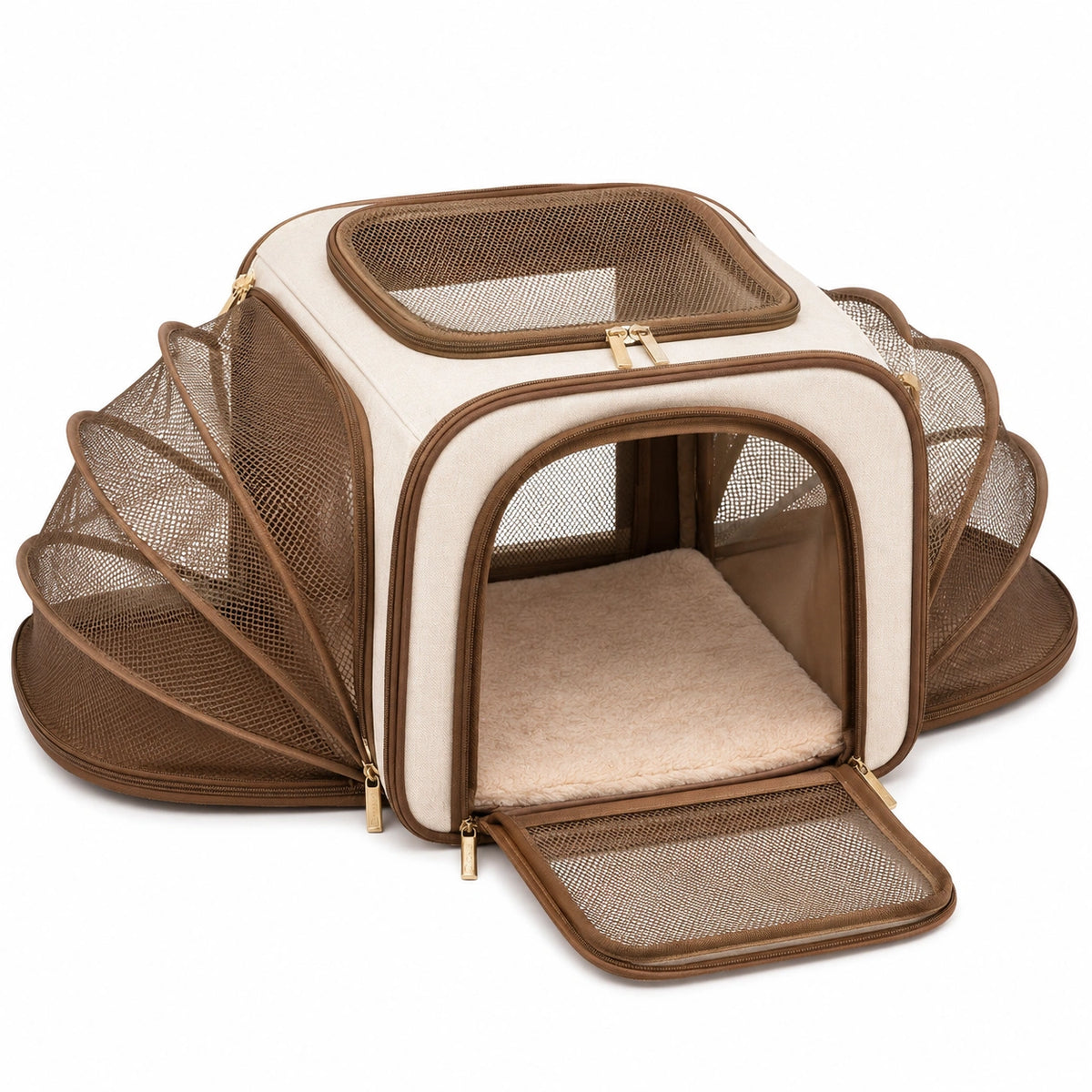 Trasportino espandibile per animali 45 x 30 x 30 cm in tessuto beige e marrone con rete traspirante