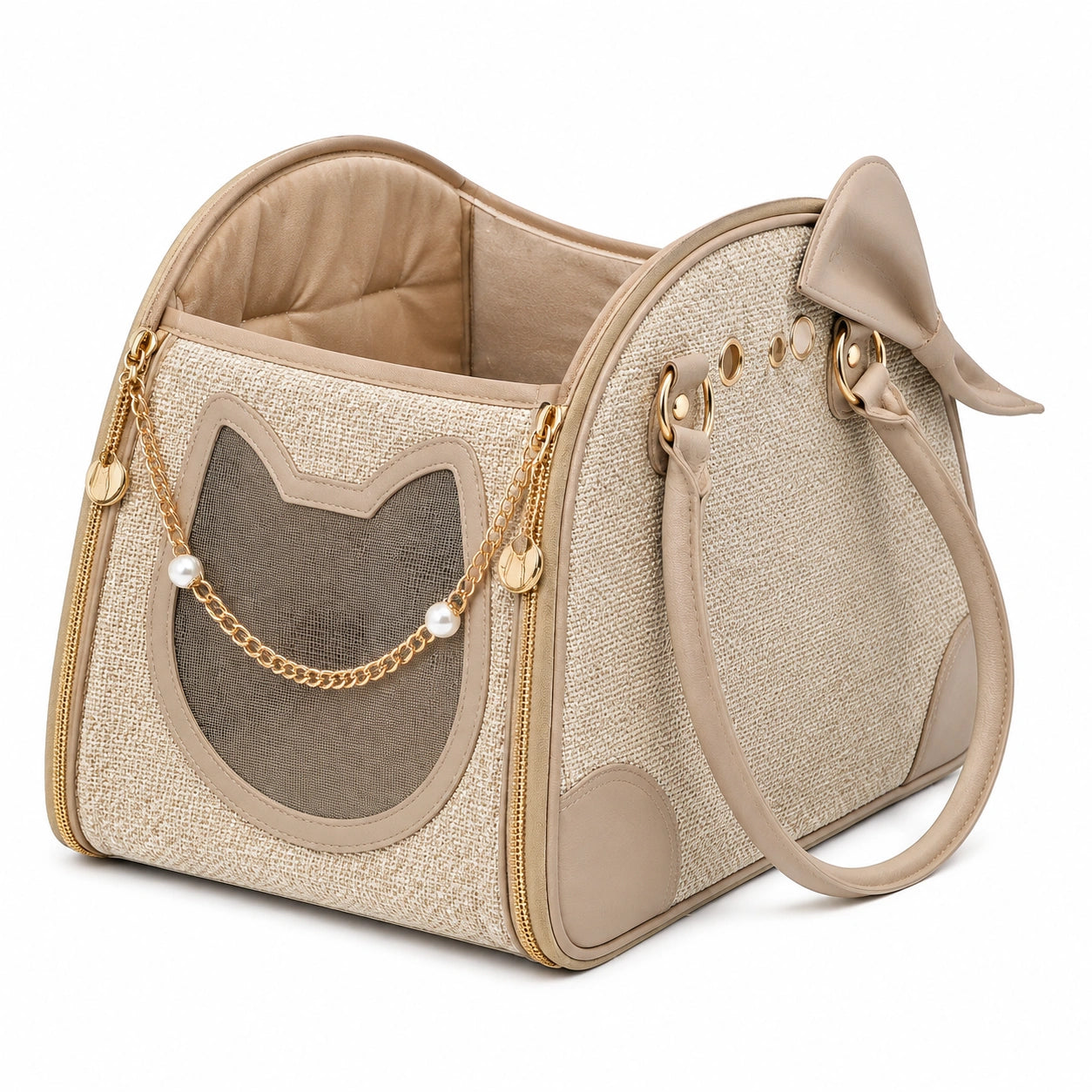 Trasportino per animali 42 cm in tessuto beige con rete e manici - stile gatto