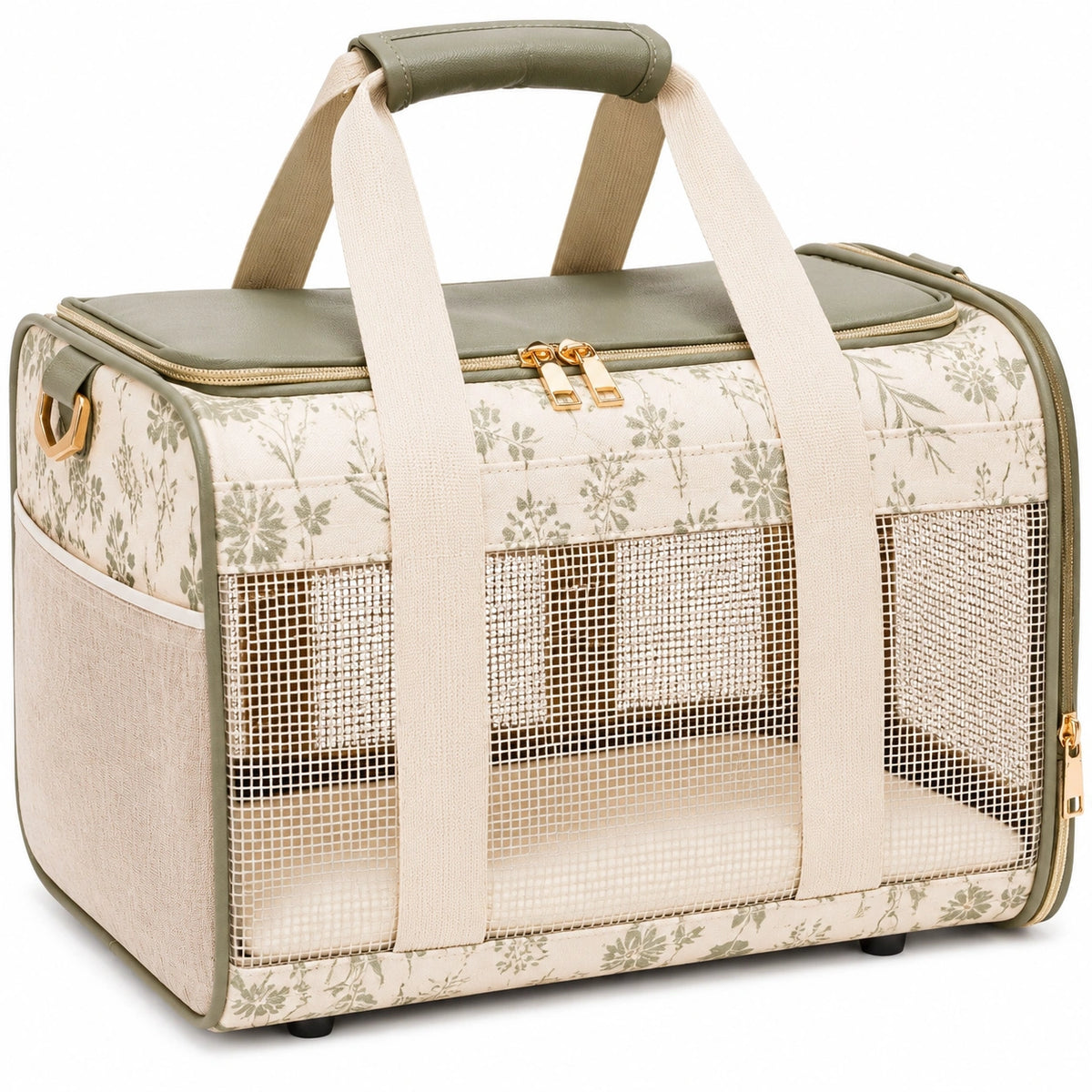 Trasportino per animali 45 x 28 x 30 cm in tessuto beige e verde con rete traspirante