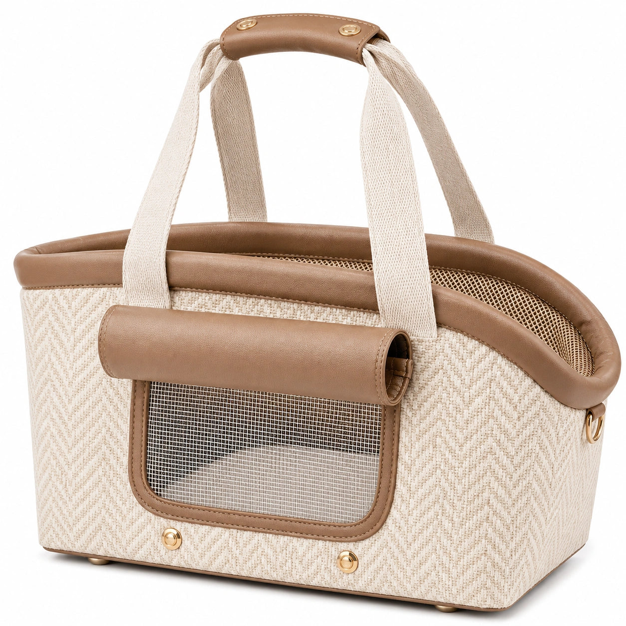 Borsa trasportino per animali 43 x 25 x 30 cm in tessuto beige e similpelle marrone con rete stile moderno