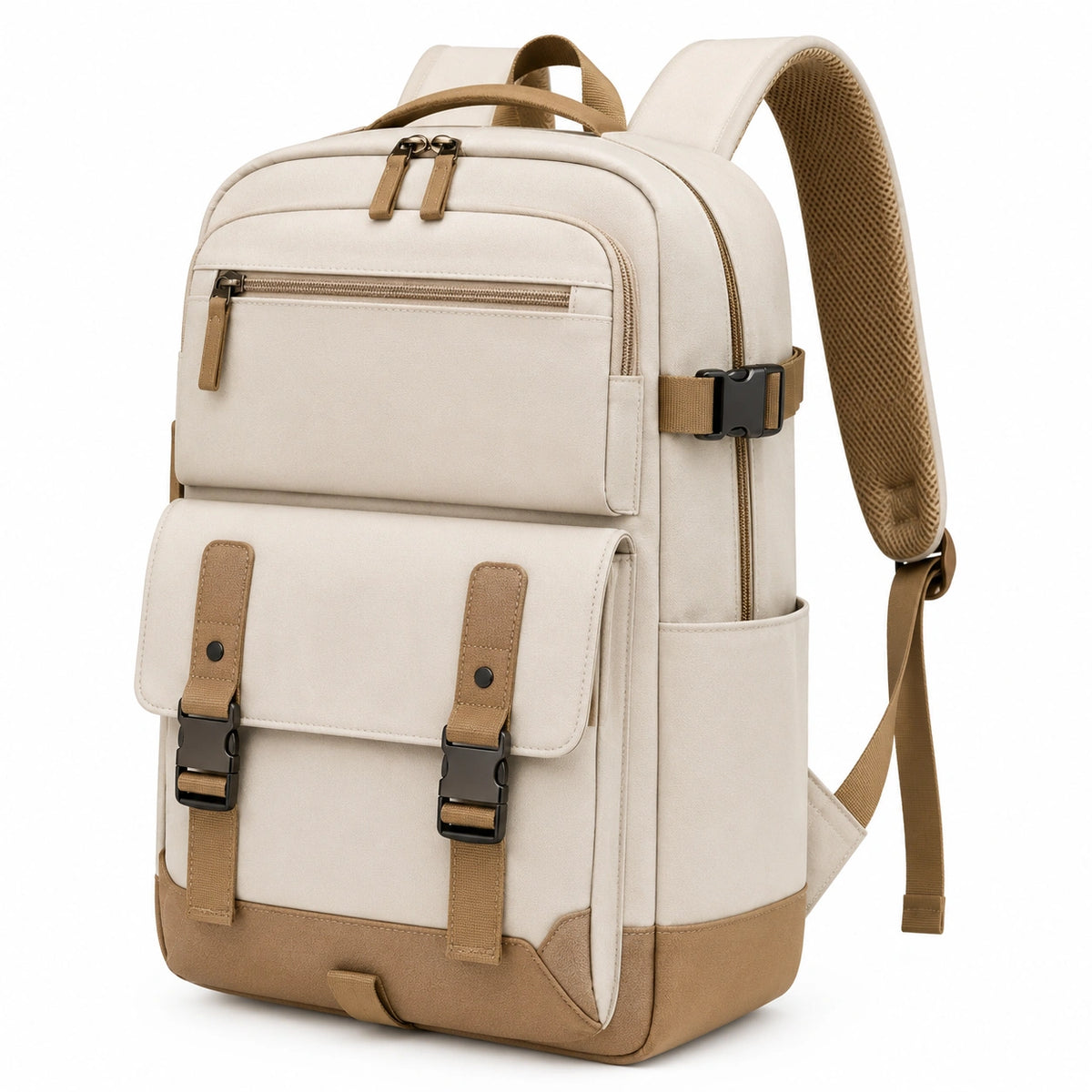 Zaino da viaggio 30 x 18 x 42 cm in tessuto sintetico beige con tasche e spallacci imbottiti