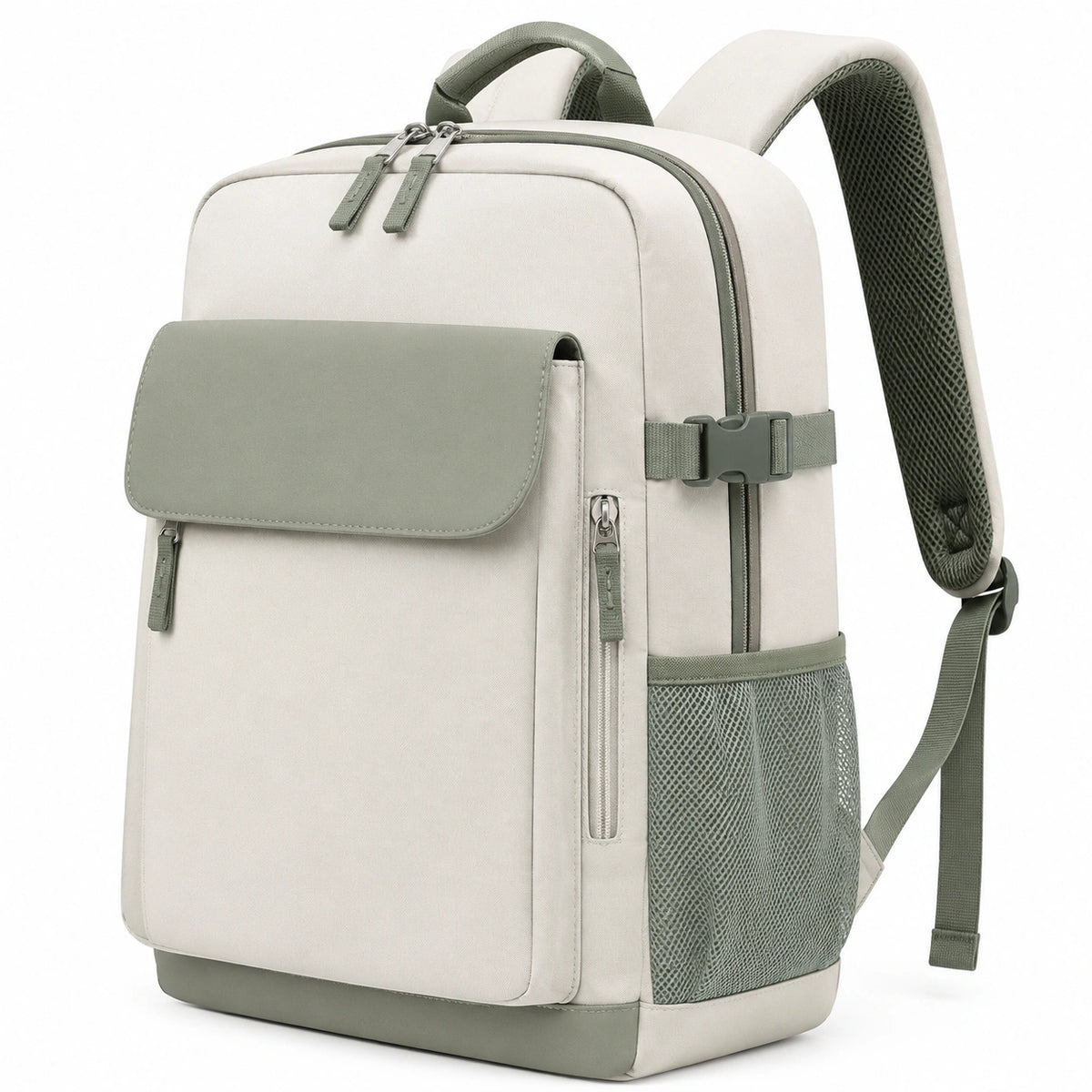 Zaino 32 x 18 x 45 cm in tessuto sintetico beige e verde salvia - portaoggetti urbano con tasche multiple