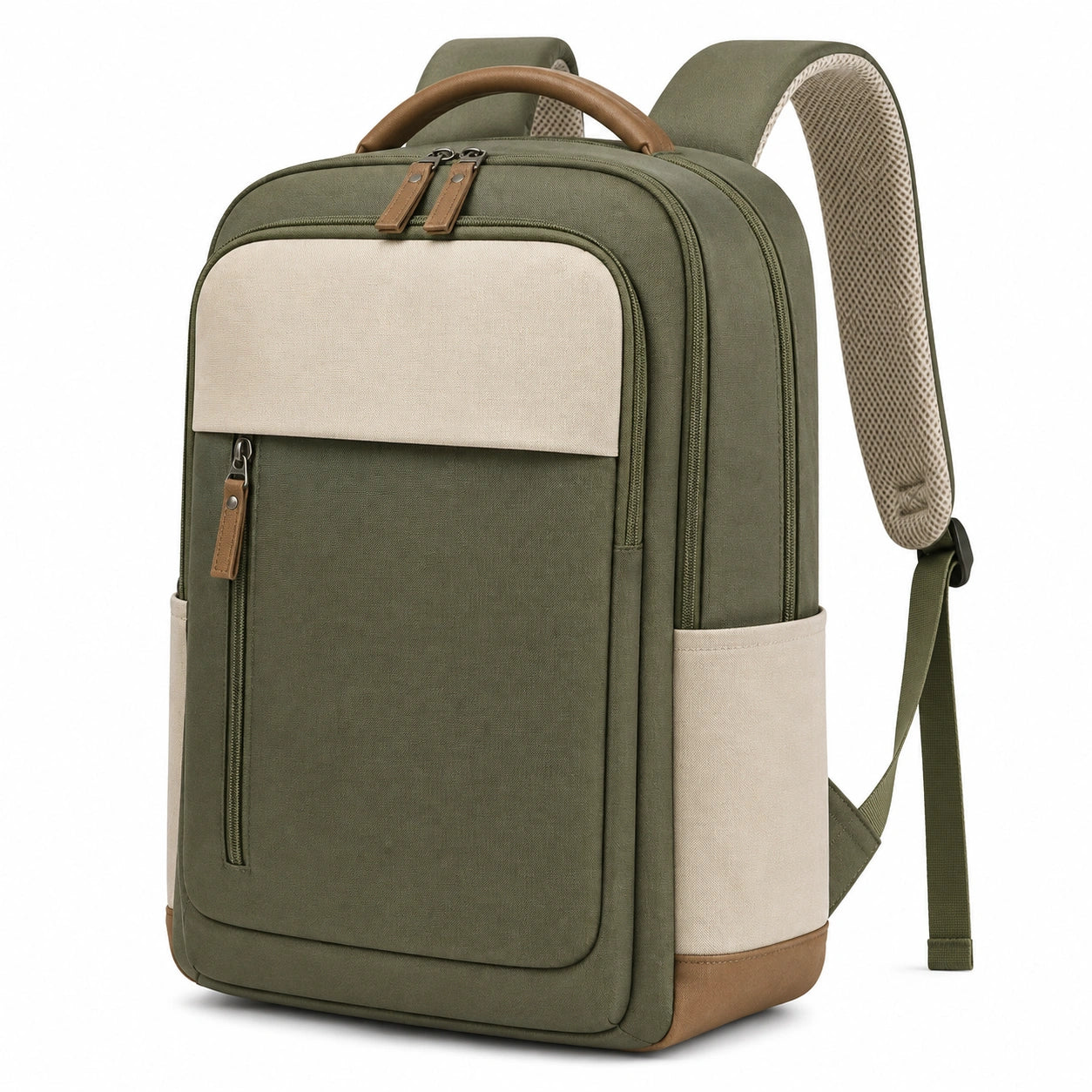 Zaino 30 x 16 x 42 cm in tessuto verde oliva e beige per lavoro e tempo libero