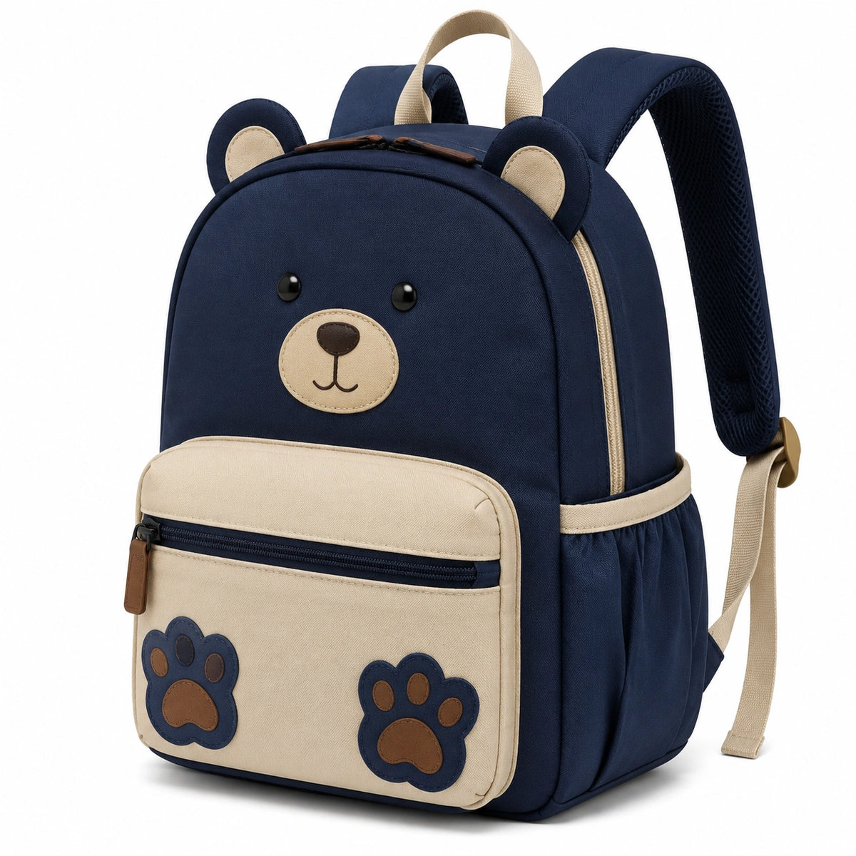 Zaino per bambini 30 x 14 x 38 cm in tessuto blu navy e beige con motivo orsetto